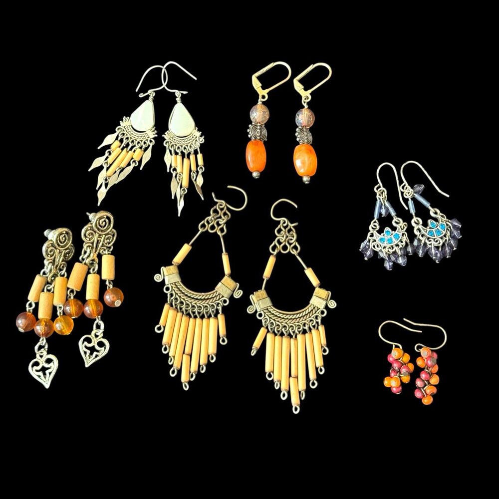 Vintage Earring Lot 6 Pair Pierced Boho Fringe Semi Precious Stones Murano Glass